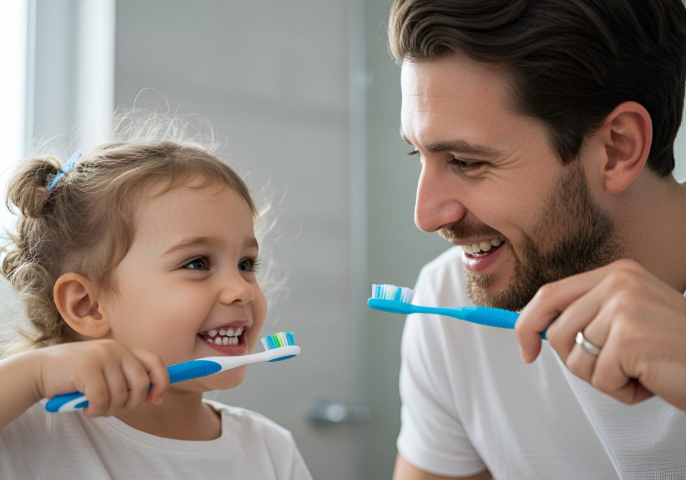 Happy family brushing teeth together